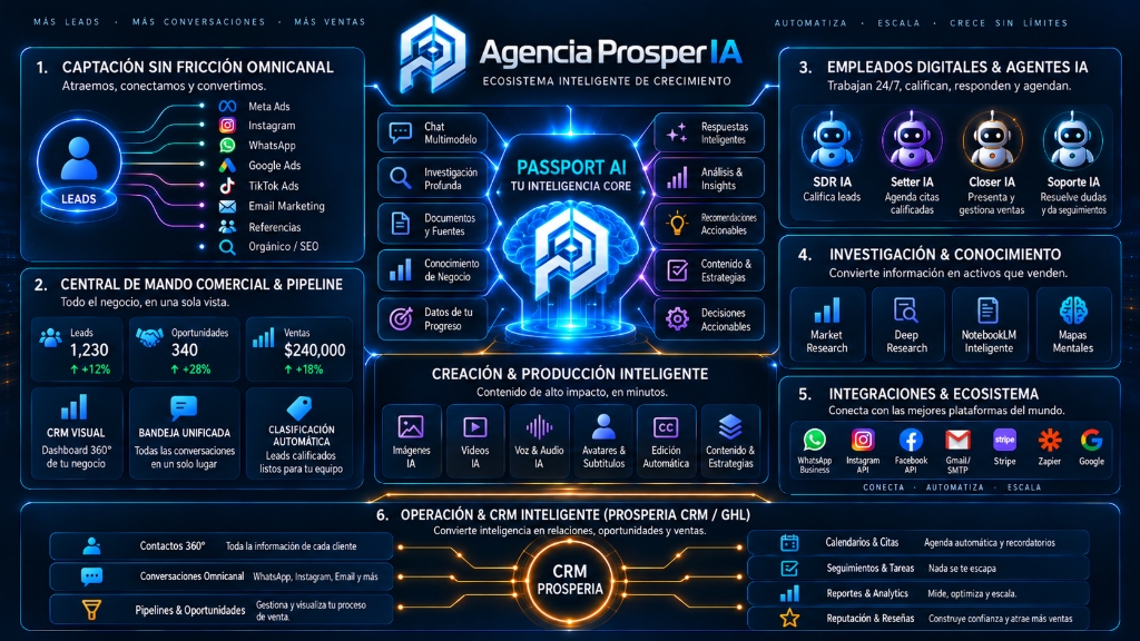Agencia ProsperIA — Ecosistema Inteligente de Crecimiento: captación, PassportAI, CRM, agentes IA e integraciones